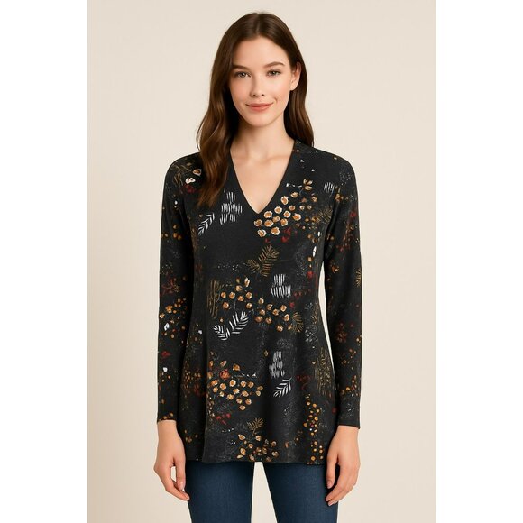 Salaam XS Black Floral Print Long Sleeve V-Neck Tunic Top - Picture 1 of 7